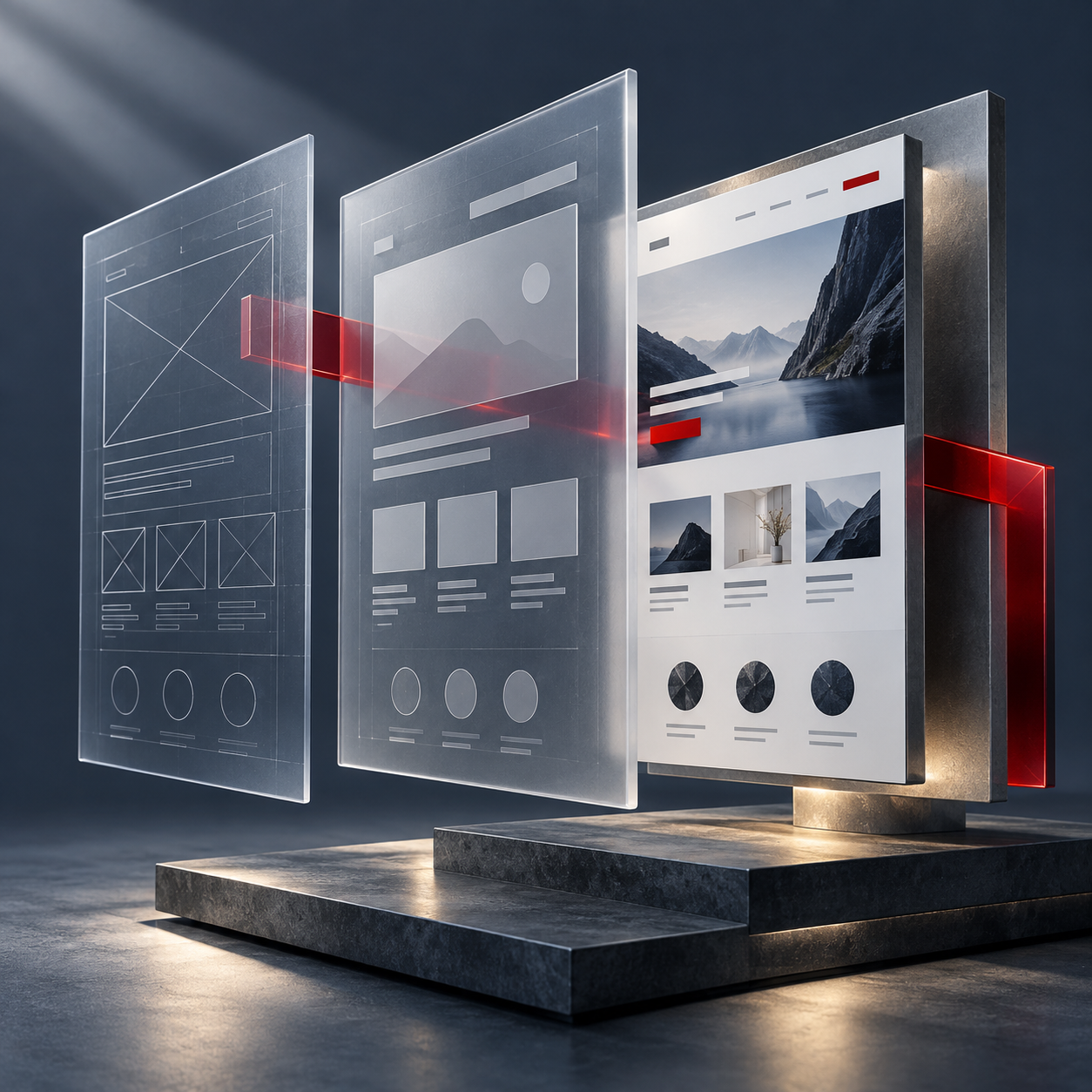 Tres capas visuales muestran el paso de un wireframe a una página web terminada